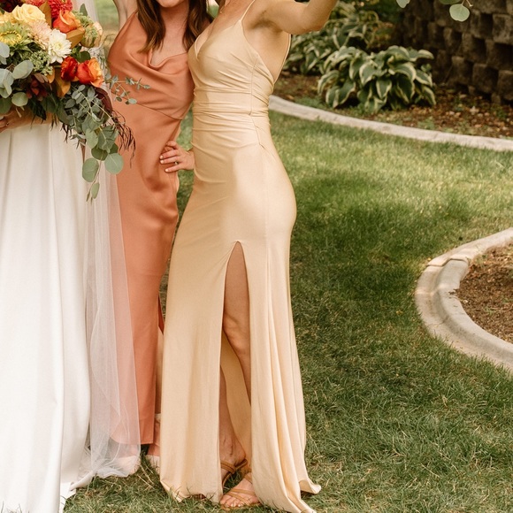 La Femme Cross Back Satin Jersey Trumpet Gown Bridesmaid dress, Nude 00 - Picture 3 of 5